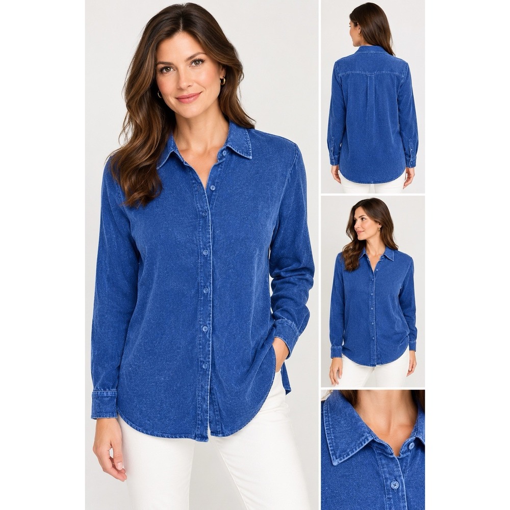 Soft Surroundings Velvet Boyfriend Button Up Tunic Shirt Womens Blue M Boho Top